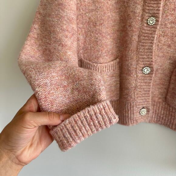 J. Crew Shimmer Lady Button Front Crew Neck Knit Cardigan Rose Blush Metallic M - Picture 7 of 11